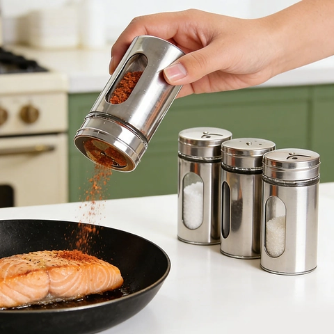Stainless Steel Seasoning Jar With Glass Window Adjustable Shaker Lid For Pepper Salt Spices Kitchen Storage Shaker Bottle