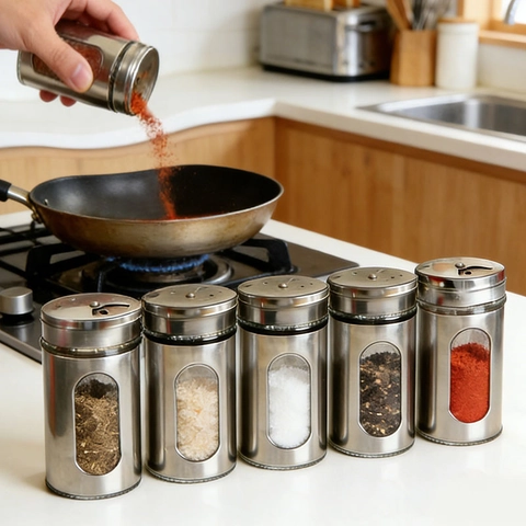 Stainless Steel Seasoning Jar With Glass Window Adjustable Shaker Lid For Pepper Salt Spices Kitchen Storage Shaker Bottle