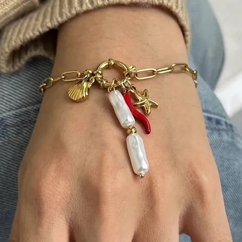 Bracciale In Acciaio Inossidabile Placcato Oro Con Künstliche Perle Barocche Stella Marina Conchiglia E Ciondolo Peperoncino Rosso Gioielli Donna