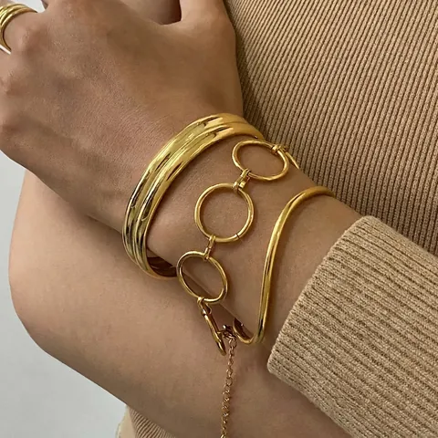 Stainless Steel Gold Bracelet Bangle Minimalist Geometric Open Cuff Round Link Chain Fashion Jewelry For Women