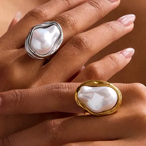 Französischer Stil Künstliche Barockperlenring Ästhetisch Unregelmäßig Edelstahl Offen Verstellbar Schmuck Für Damen