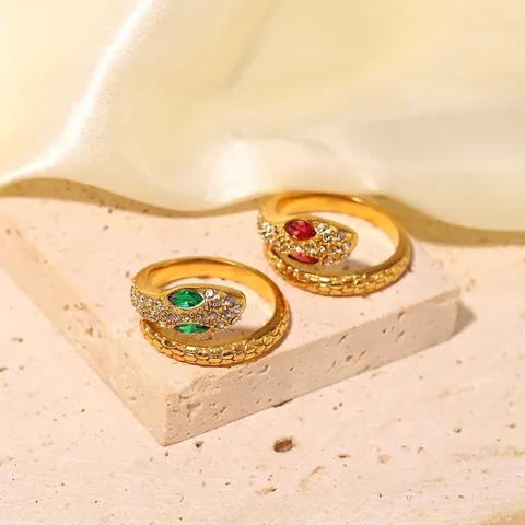 Snake Ring 18K Gold Plated Stainless Steel Cubic Zirconia Green Eye Gemstone Scale Texture Elegant Jewelry For Women