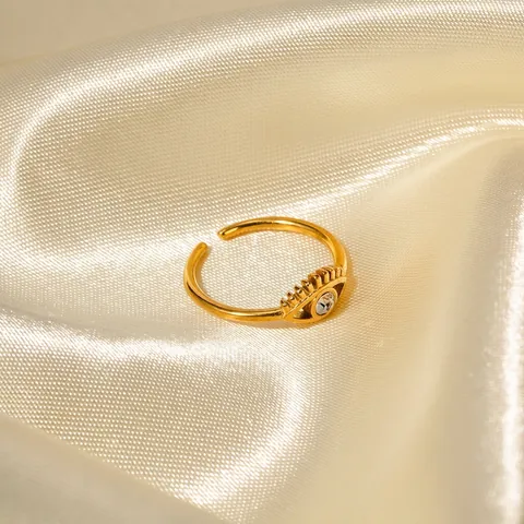 Gold Plated Stainless Steel Evil Eye Open Ring For Women Adjustable Rhinestone Inlaid Minimalist Fashion Jewelry Ring
