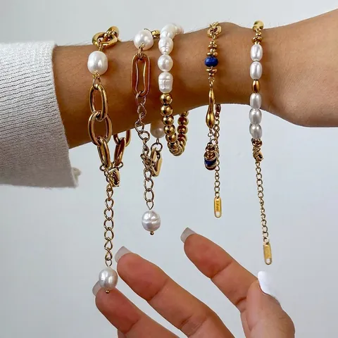 Bracciale In Acciaio Inossidabile Künstliche Perle Accenti Pietra Blu Gioielli Placcati Oro Stile Sovrapposto Da Donna