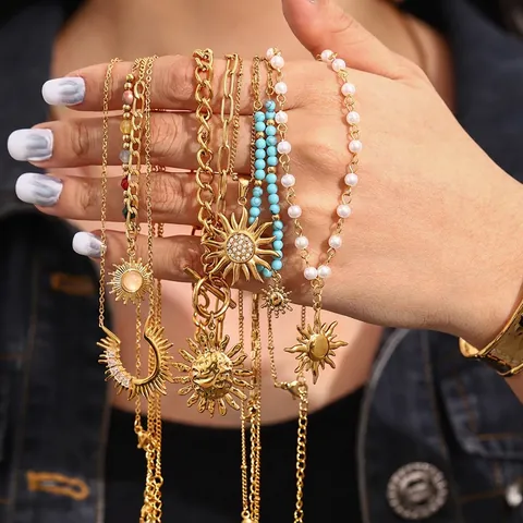 Sun Moon Pendant Necklace Bracelet Earring Stainless Steel Zircon Artificial Pearl Beaded Waterproof Bohemian Jewelry For Women