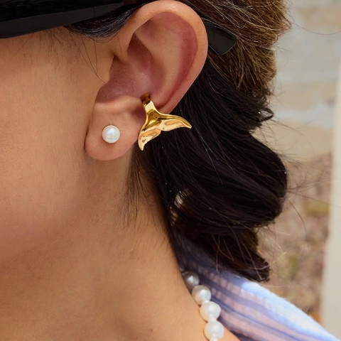 Whale Tail Ear Cuff And Artificial Pearl Stud Earrings Stainless Steel Gold Plated Non Pierced Elegant Jewelry For Women