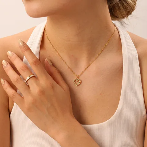 Elegante Edelstahl Herz Anhänger Halskette Für Damen Gold Vergoldet Strass Verziert Verstellbare Kette Schmuck