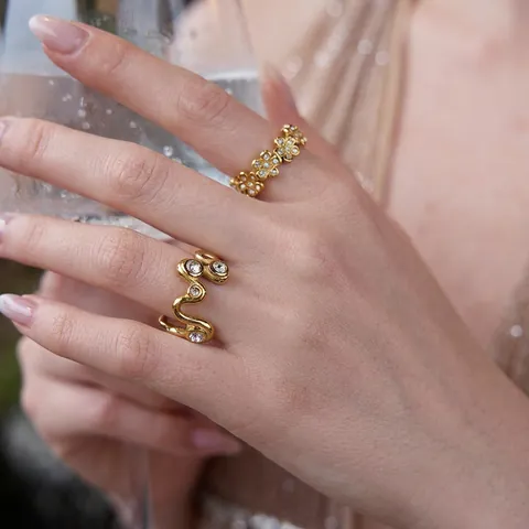 Flower And Wave Design Rings Stainless Steel Gold Plated Zircon Inlaid Waterproof Hypoallergenic Trendy Jewelry Women