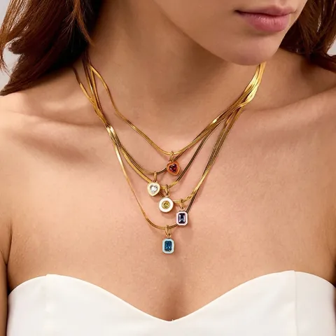 Stainless Steel Necklace Snake Bone Chain Zircon Colorful Enamel Geometric Pendants Luxury Fashion Jewelry For Women