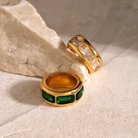 Wide Band Stainless Steel Ring Inlaid With Cubic Zirconia Rectangular Gemstone Minimalist Gold Plated Fashion Jewelry