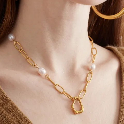 Collier Bracelet En Acier Inoxydable Künstliche Perle Baroque Plaqué Or 18K Pendentif Irrégulier Imperméable Hypoallergénique Bijoux Mode Femme