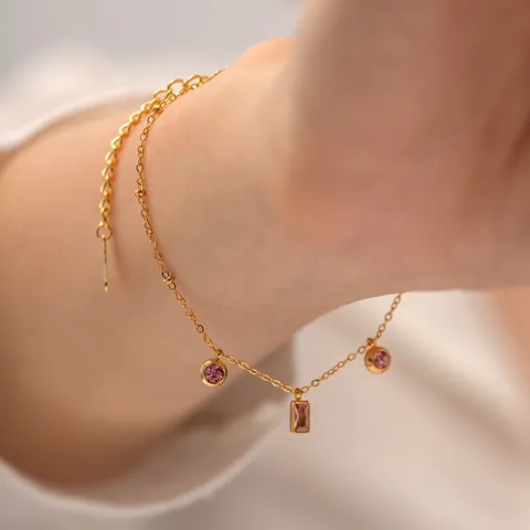 Set di Gioielli in Acciaio Inossidabile Placcato Oro 18K con Ciondolo Geometrico in Strass Rosa per Donna