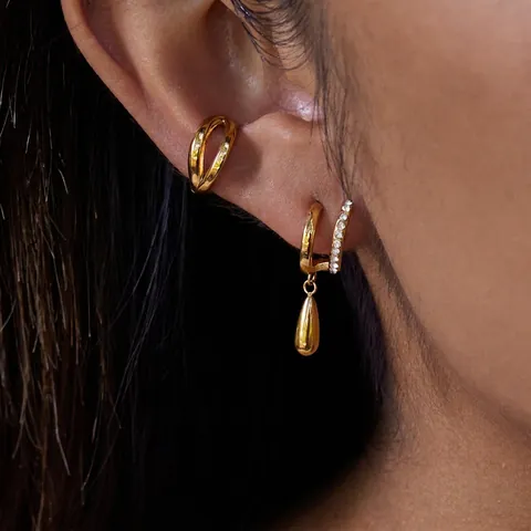 Layered Hoop Earrings Stainless Steel Water Drop Pendant Zircon Inlaid Waterproof Hypoallergenic Fashion Jewelry Women