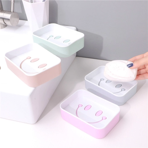 Cartoon Smiley Face Soap Box Double Layer Draining Soap Dish PP Plastic Wall Mounted Adhesive Bathroom Shower Storage Tray