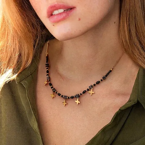 Collana Con Pendente A Stella Boemia Acciaio Inossidabile Con Perline In Pietra Naturale Nero Grigio Gioielli Eleganti Per Donna