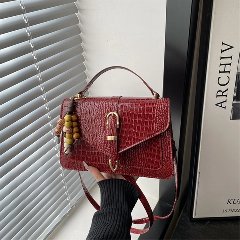 Women Alligator Texture PU Leather Shoulder Bag Vintage Small Square Crossbody Handbag With Top Handle Pendant Detail