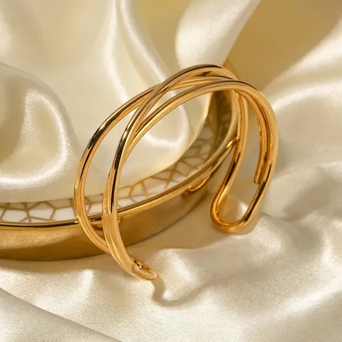 Bracciale Rigido Aperto in Acciaio Inossidabile Placcato Oro 18K per Donna Stile Ins Minimalista Linea Stratificata Geometrica Gioielli