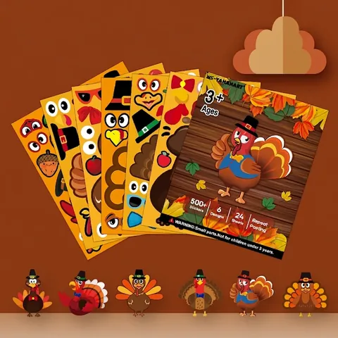 Thanksgiving Turkey Stickers DIY Make A Turkey Face Decor Adhesive Cartoon Craft For Kids Seasonal Activity