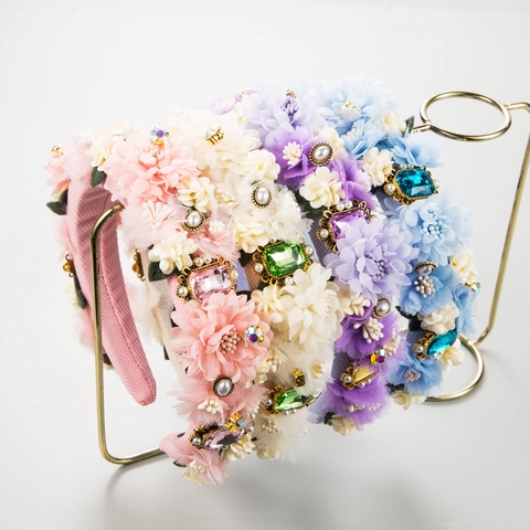 Diadema De Flores Con Diamantes De Imitación Hecha A Mano Aro De Pelo De Tela Ancho Con Perlas Artificiales Y Gemas De Vidrio Estilo Dulce Vintage Para Mujer