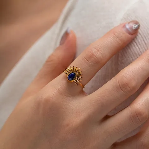 Bague Ouverte en Acier Inoxydable Plaqué Or 18K Style INS pour Femme Vintage Incrustation Lapis-lazuli Ajustable Bijoux Mode
