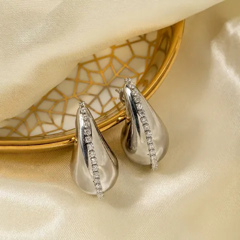 Stainless Steel Waterdrop Hoop Earrings For Women Fashion 18K Gold Plated Rhinestone Inlaid Geometric Arc Dangle Earrings Jewelry