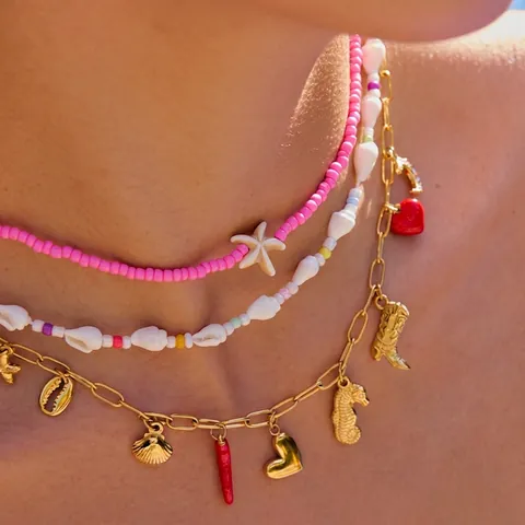 Boheemse Ketting Voor Dames Roestvrij Staal Zeester Schelp Hart Hanger Kleurrijke Kralen Zomervakantie Sieraden