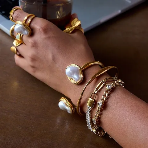Barok Kunstparel Ring En Bangle Armband Roestvrij Staal Verguld Dames Vintage Luxe Waterdicht Hypoallergeen
