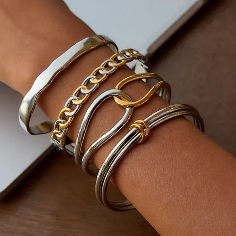 Bracciali Rigidi In Acciaio Inossidabile Bicolore Oro Argento Onda Geometrica Impermeabile Gioielli Di Moda Per Donna