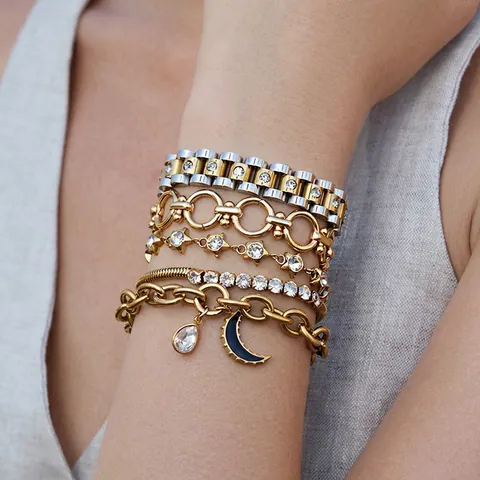 Stainless Steel Bracelet Women Zircon Star Moon Pendant Waterproof Hypoallergenic Elegant Fashion Jewelry