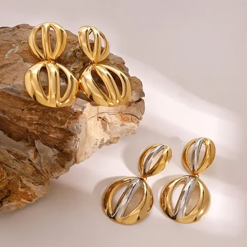 Exaggerated Stainless Steel Double Hollow Sphere Drop Earrings For Women High Polish Gold Silver Geometric Statement Jewelry