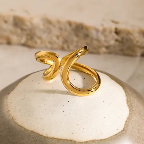 Wave Intertwined Ring 18K Gold Plated Stainless Steel Open Adjustable Minimalist Style For Women