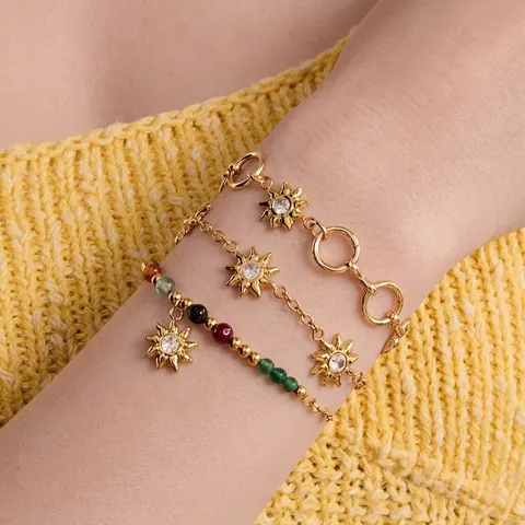 Edelstahl Sonne Mond Sterne Schmuck Vergoldet Zirkon Bunte Perlen Halskette Armband Wasserdicht Bohemia Für Damen