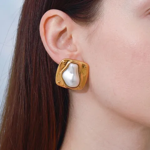 Stainless Steel Artificial Baroque Pearl Ear Studs Gold Plated Geometric Vintage Fashion Earrings For Women