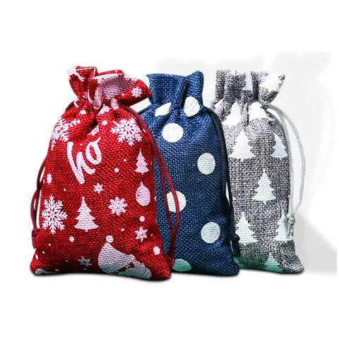Christmas Drawstring Gift Bags Linen Polyester Pouch For Candy Jewelry Wrapping Printed Snowflake Tree Star Holiday Party