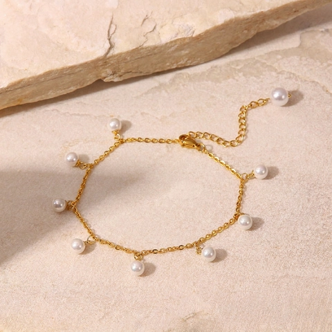18K Gold Plated Stainless Steel Anklet For Women Artificial Pearl Tassel Pendant Adjustable Summer Beach Vacation Jewelry