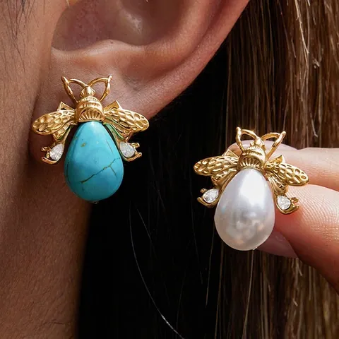 Bee Stud Earrings Stainless Steel With Turquoise And Faux Artificial Pearl Vintage Elegant Jewelry For Women Waterproof Hypoallergenic