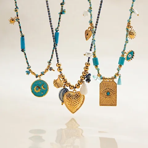 Bohemian Roestvrijstalen Ketting Turkoois Natuursteen Hart Maan Schelp Hanger Waterdichte Sieraden Voor Vrouwen