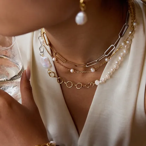 Stainless Steel Artificial Pearl Necklace 18K Gold Plated Bicolor Baroque Artificial Pearl Pendant Asymmetrical Chain For Women