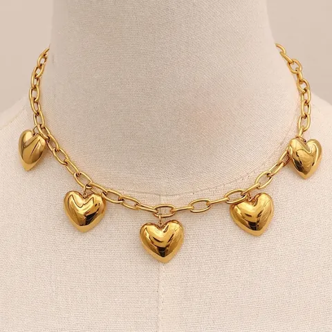 Stainless Steel Heart Pendant Necklace For Women Elegant Gold Plated Chunky Link Chain Heart Charms Fashion Jewelry Gift
