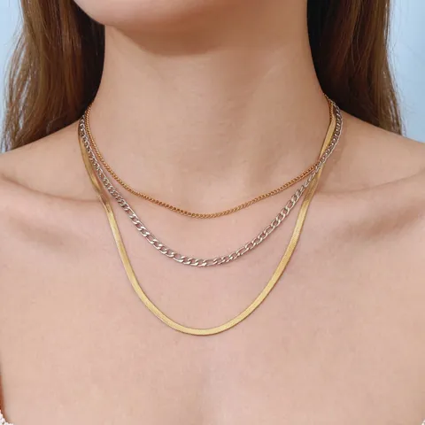 Mehrlagige Halskette Damen Mixed Gold Silber Edelstahl Schlangenkette Panzerkette Wasserdicht Hypoallergen Modern