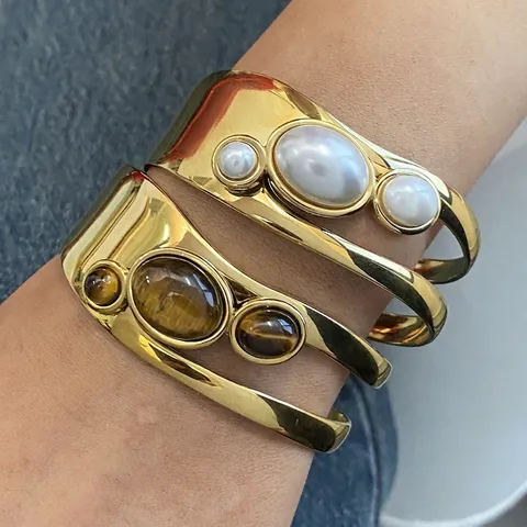 Bracciale Rigido Aperto In Acciaio Inossidabile Con Imitazione Perla Artificial E Pietra Occhio Di Tigre Cavo Vintage Dorato Gioielli