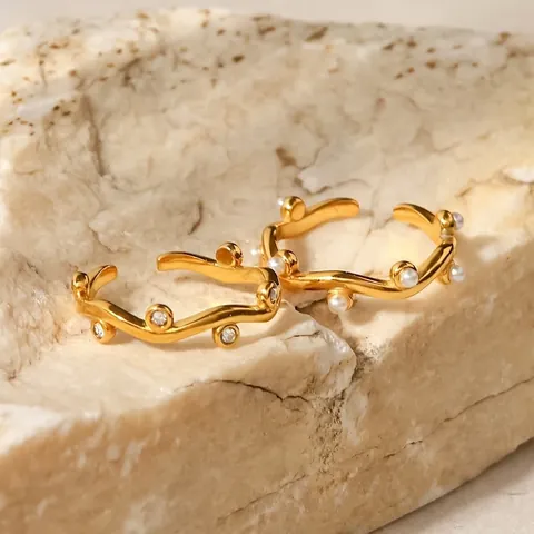 French Ins Style Irregular Wavy Open Ring 18K Gold Plated Stainless Steel With White Artificial Pearl For Women Versatile