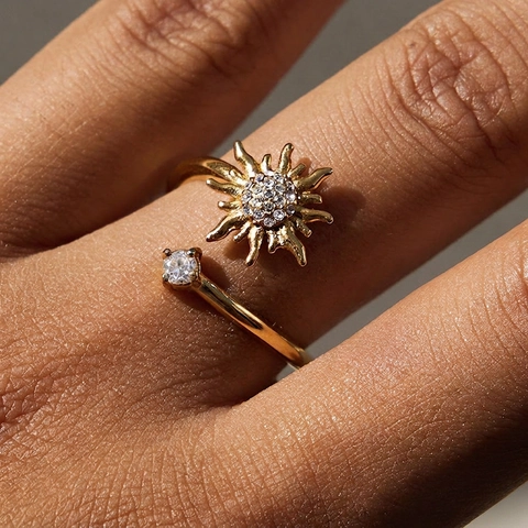 Zon Zirkoon Ring Roestvrij Staal Verguld Open Verstelbaar Mode-Sieraden Voor Vrouwen Elegant Sterrenregen Vinger Ornament