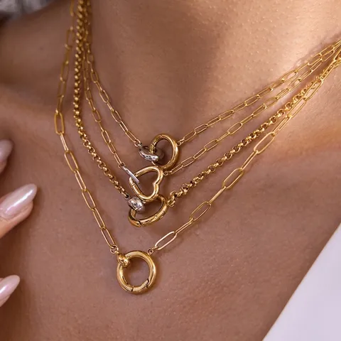 Collana Pendente Cuore Tondo Acciaio Inossidabile Bicolore Oro Argento Catena Graffetta Impermeabile Ipoallergenico Donne