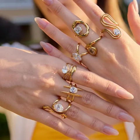 Zirkoon Ring Roestvrij Staal Verguld Waterdicht Hypoallergeen Geometrische Mode Sieraden Voor Vrouwen