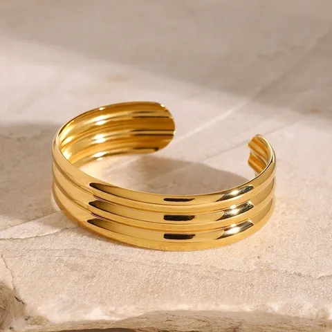 Edelstahl Mehrschichtig Gerillter Armreif Damen Hochglanzpoliert Vergoldet Verstellbar Geometrisch Offen Manschetten Schmuck