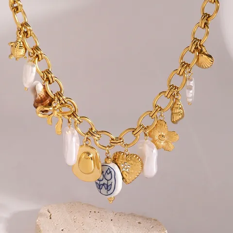 Collier Chaîne Épaisse En Acier Inoxydable Doré Avec Künstliche Perle Baroque Coquillage Tortue Marine Breloques Tulipe Céramique Rétro Femmes