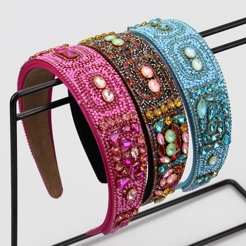 Baroque Wide Headband With Rhinestone Beaded Embroidery Vintage Bohemian Hair Hoop For Women Party Travel Accessory