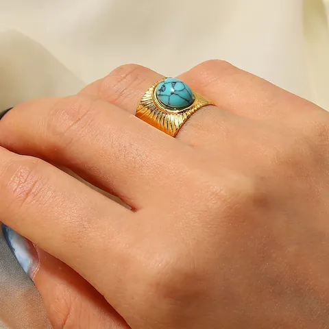Anello Bohemian in Acciaio Inossidabile Placcato Oro 18K per Donna Motivo a Raggi di Sole in Turchese Anello Regolabile
