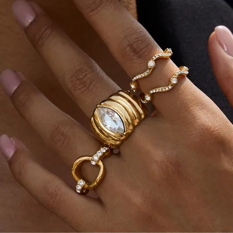 Stainless Steel Ring Gold Plated Ribbed Croissant Design Marquise Cubic Zirconia Waterproof Hypoallergenic Jewelry